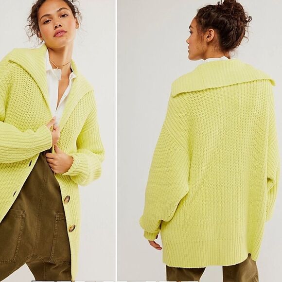 New free people swim too deep cardigan sweater green yellow - Picture 3 of 7